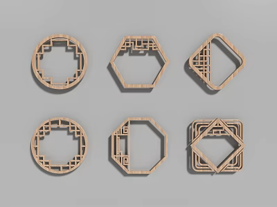 Wooden Carved Lattice Decorative Frames In Various Shapes On Gray Background 3d model