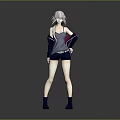 3D Female Character Model With Silver Hair Gray Vest Leather Jacket Shorts And Blue Boots