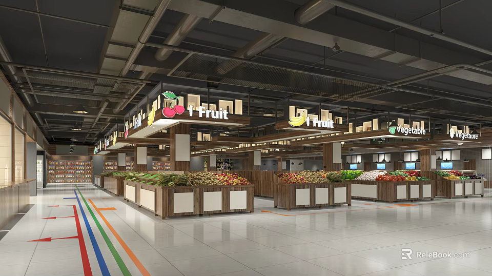 Modern Supermarket Fresh Produce Section With Organized Fruit And Vegetable Displays 3d model 
