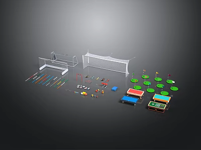 Toy Scene Construction Components With Soccer Goalposts Cues Green Bases And Colorful Tables 3d model