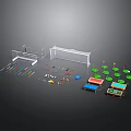 Toy Scene Construction Components With Soccer Goalposts Cues Green Bases And Colorful Tables