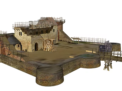 Ancient Fortress Architecture Featuring Stone Walls Tower Scaffolding And Wooden Courtyard 3d model