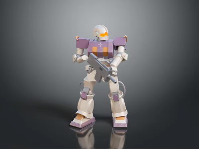 Detailed White And Purple Robot Model Holding Weapon On Black Reflective Surface 3d model