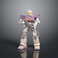 Detailed White And Purple Robot Model Holding Weapon On Black Reflective Surface
