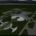 Aerial View Planning of Modern Architectural Complex With Curved Roof Circular Layout and Green Spaces