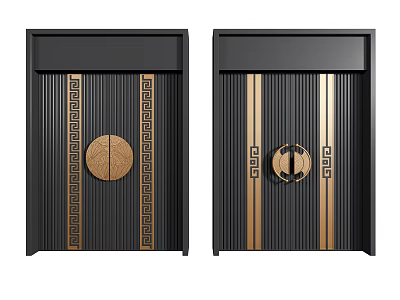 Elegant Black Double Doors with Golden Decorations Circular Patterns and Geometric Details 3d model