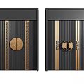 Elegant Black Double Doors with Golden Decorations Circular Patterns and Geometric Details