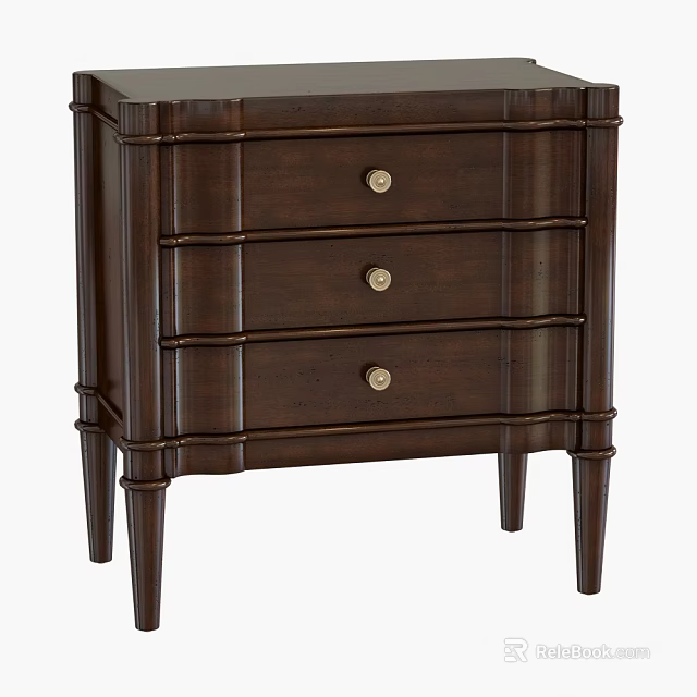 Dark Brown Bedside Table With Three Drawers And Brass Knobs Classic Design 3d model