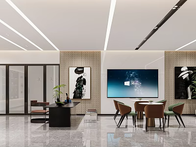 Modern Car Dealership Showroom Interior With Reception Seating And Art Decor 3d model