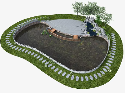 Scenic Water Fountain with Irregular Shaped Pond Stone Path Trees Rockery and Lawn 3d model