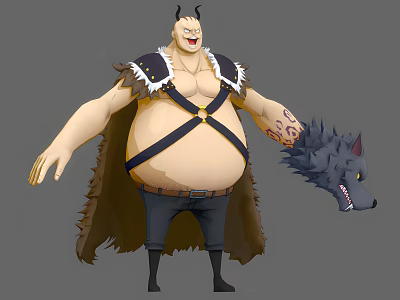 Game Movie Character Horned Plump With Fur Trimmed Cape Crossed Straps Arm Tattoos Wolf Head 3d model