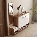 Modern Wooden And White Shoe Cabinet With Decorative Vase Frame Side Mirror And Small Stool