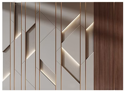 Modern Bedroom Accent Wall With Geometric Patterns Gold Lines Wooden Panel And Recessed Lighting 3d model