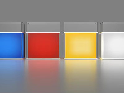 Display Shelves with Blue Red Yellow White Colored Panels Side by Side and Reflective Base 3d model