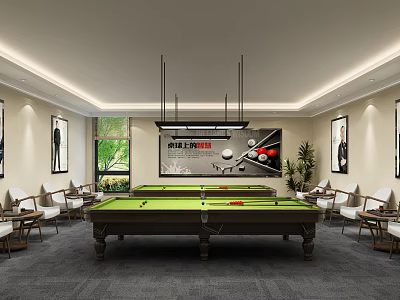 Billiard Room Interior With Green Felt Tables Comfortable Chairs Decorative Posters And Hanging Lights 3d model