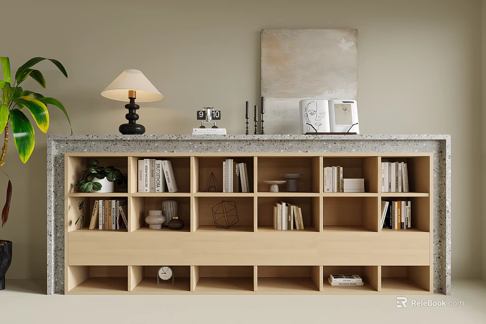 Modern Light Wood Open Cubby Bookcase With Terrazzo Frame For Book Storage And Home Decoration 3d model 