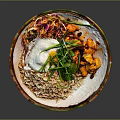 Delicious Rice Bowl With Fried Egg Green Scallions And Crispy Chicken Pieces