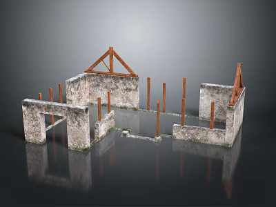 Building Construction Frame With Concrete Structure Wooden Beams And Metal Pillars 3d model
