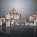 Building Construction Frame With Concrete Structure Wooden Beams And Metal Pillars