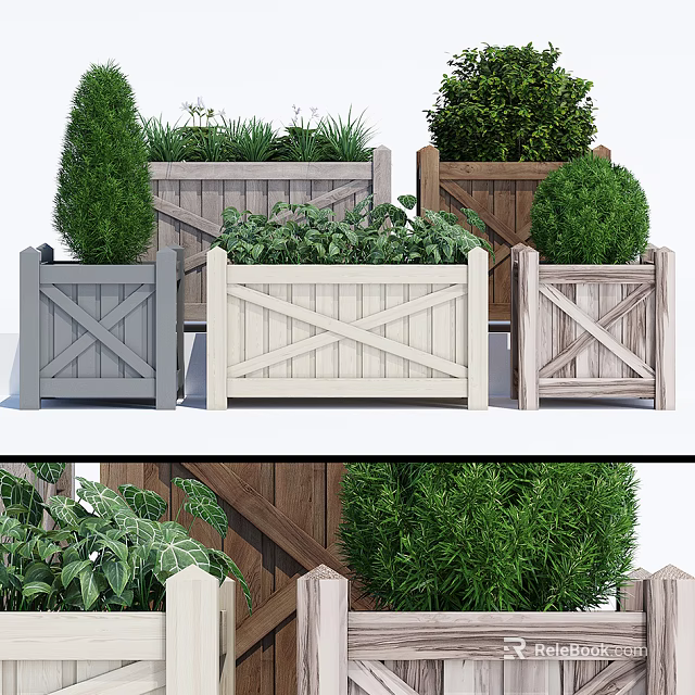 Gray White Brown Wooden Garden Planter Boxes With X Shaped Design And Green Shrubs 3d model 