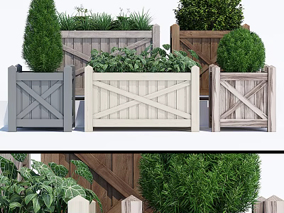 Gray White Brown Wooden Garden Planter Boxes With X Shaped Design And Green Shrubs 3d model