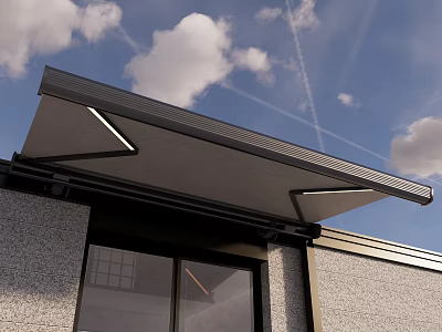Modern Exterior Awning On Gray Building With LED Strip Lights And Blue Sky 3d model