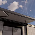 Modern Exterior Awning On Gray Building With LED Strip Lights And Blue Sky