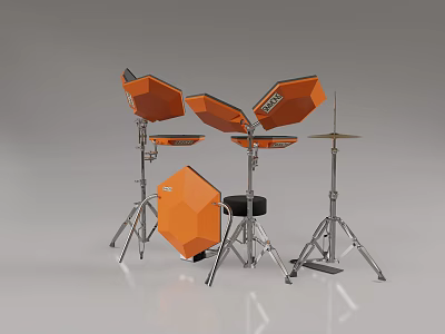 Orange Musical Instrument Drum Set with Drums Cymbals Stands and Stool 3d model