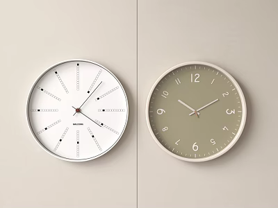 Minimalist White And Beige Wall Clocks With Clean Dial Design Hanging On Light Wall 3d model
