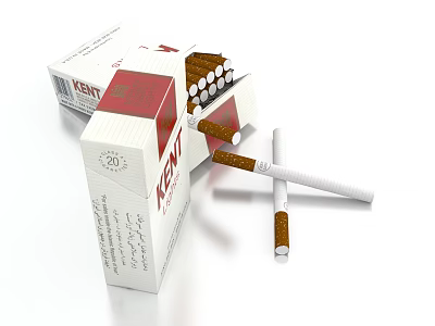 KEN Brand Cigarettes In White Red Packaging With Open Pack And Scattered Sticks 3d model