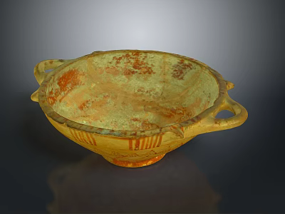 Handcrafted Ceramic Bowl With Two Handles And Ancient Carved Patterns 3d model