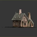 Cartoon Scene Of Old House Model With Green Roof Chimneys Broken Walls And Muddy Ground