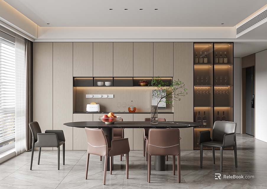 Modern Open Concept Restaurant Interior With Round Dining Table And Comfortable Chairs 3d model 