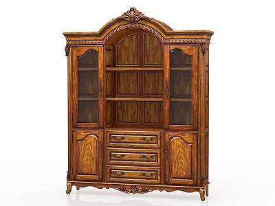 Antique Wooden File Cabinet With Carved Details Glass Doors And Drawers 3d model