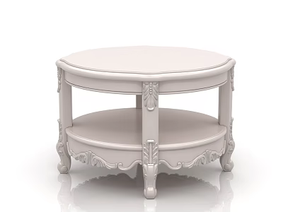 White Carved Round Coffee Table with Two Tier Shelf and Ornate Legs for Living Room 3d model