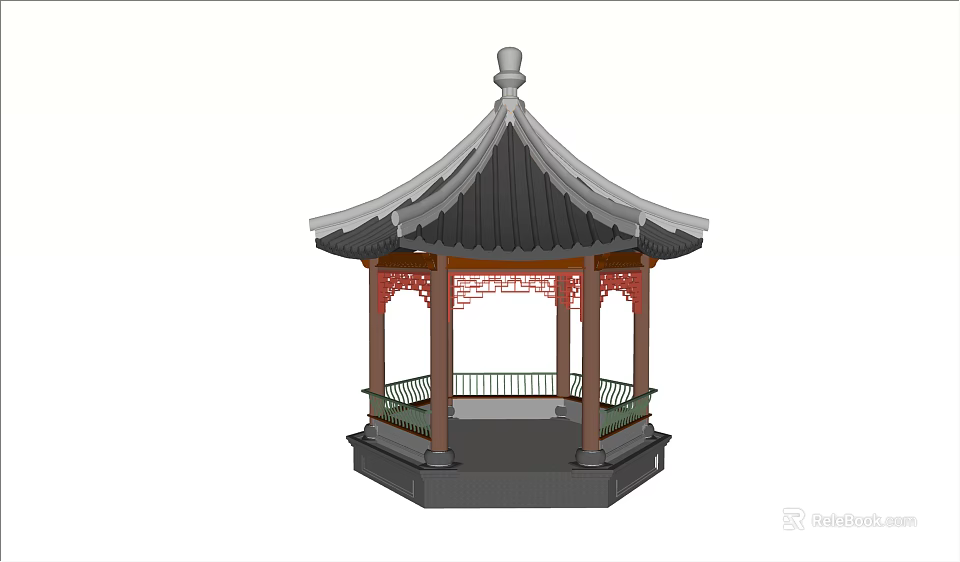 Traditional Chinese Pavilion With Curved Eaves Roof Wooden Columns And Carved Railings 3d model 