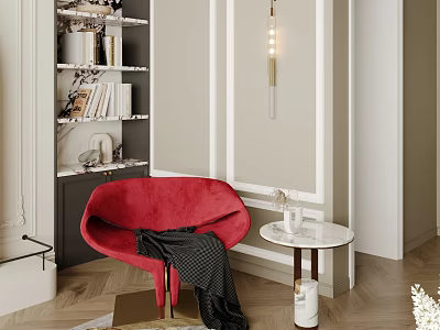Red Accent Chair With Black Blanket Near Marble Side Table And Bookshelf In Modern Interior 3d model