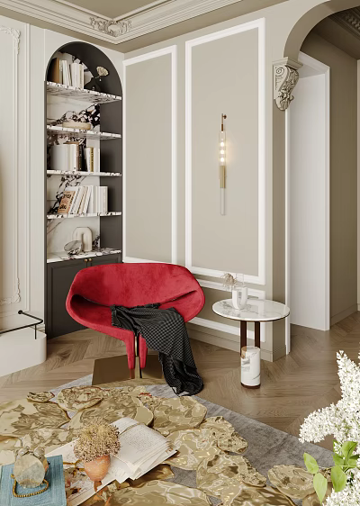 Red Accent Chair With Black Blanket Near Marble Side Table And Bookshelf In Modern Interior 3d model