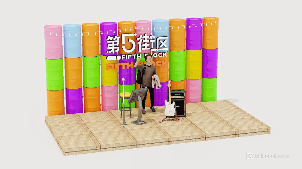 Fifth Block Stage Setup With Colorful Barrels Character Figure And Audio Gear 3d model 