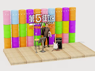 Fifth Block Stage Setup With Colorful Barrels Character Figure And Audio Gear 3d model