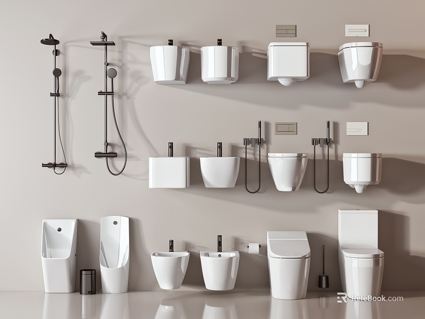 Modern Toilet Designs Featuring Wall Mounted And Floor Standing Bathroom Fixtures 3d model 