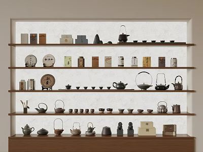 Various Traditional Tea Sets Arranged On Multiple Wooden Shelves Against White Wall 3d model