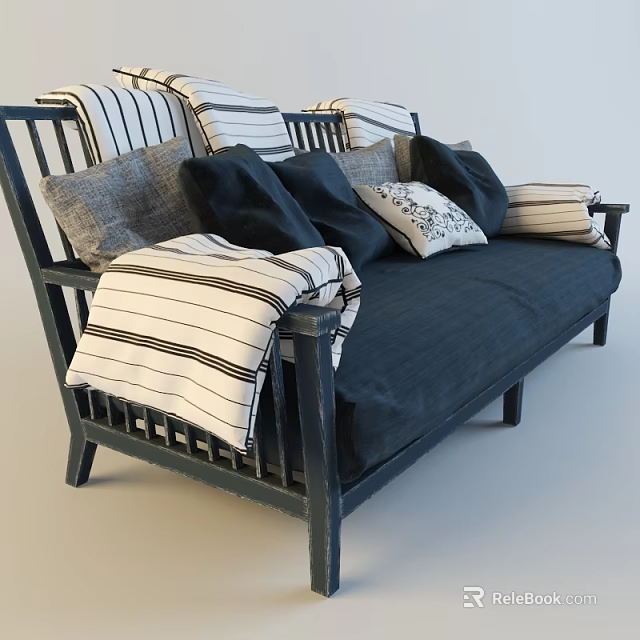 Dark Blue Two Seater Sofa With Striped Pillows And Blanket On Wooden Frame 3d model
