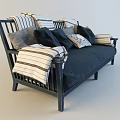 Dark Blue Two Seater Sofa With Striped Pillows And Blanket On Wooden Frame 3d model