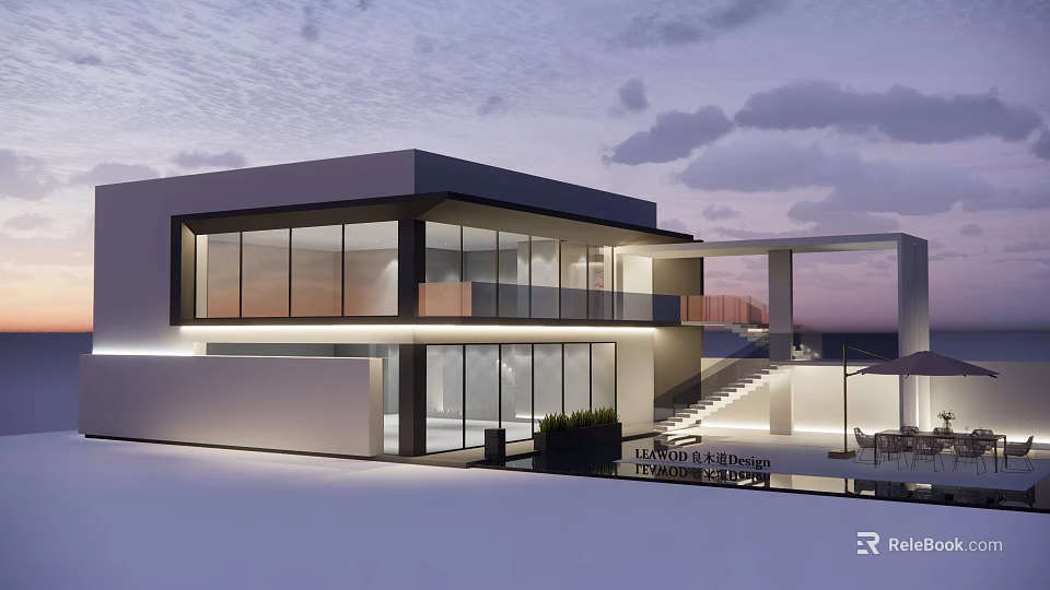 Modern Detached Villa Featuring Large Glass Windows Terrace Staircase And Lighting 3d model 