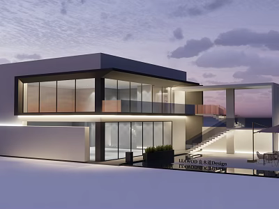 Modern Detached Villa Featuring Large Glass Windows Terrace Staircase And Lighting 3d model