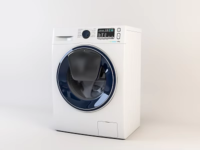 White Front Load Washing Machine With Blue Circular Door And Digital Control Panel 3d model