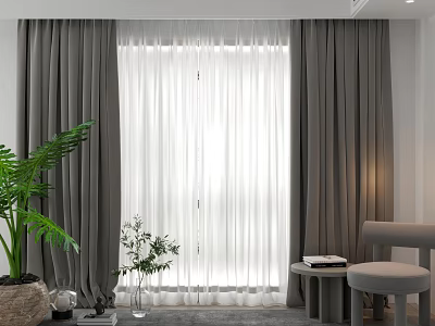 Thick Gray And Sheer White Curtains In Modern Interior By Window With Natural Light 3d model