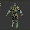 Game Movie Character Wearing Blue And Gold Armor With Glowing Chest Design