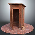 Old Wooden Outhouse with Open Door and Wooden Bucket on Red Gravel Ground